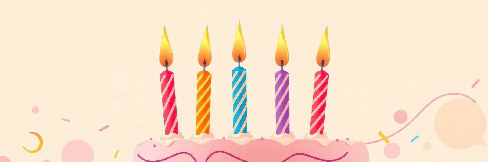 Colorful birthday cake with five lit candles celebrating a joyful occasion with festive decorations